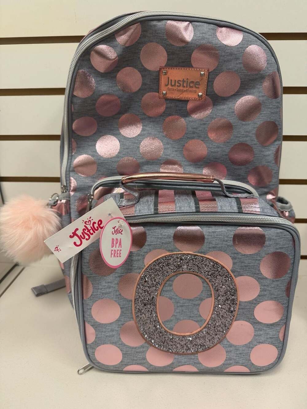 Justice  Rose Gold Foil Polka Dot Initial 'O' Backpack &  Lunch Tote NEW